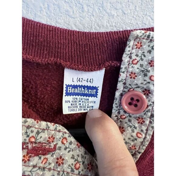 VTG Healthknit Flowers Floral Collar Grandma Burgundy‎ Sweatshirt Womens L - Picture 3 of 6